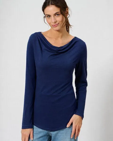 HempAge HempAge Damen Langarmshirt mit Wasserfallkragen Hanf/Biobaumwolle, Night blau, – Produktbild 1 von 3