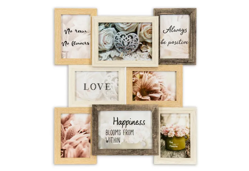 queence Bilderrahmen Collage Rahmen 3D Holz in braun, für 8 Bilder (1 St), Platz für 6 Fotos in 10x15cm und 2 Fotos in 13x18cm, Braun, – Produktbild 1 von 5