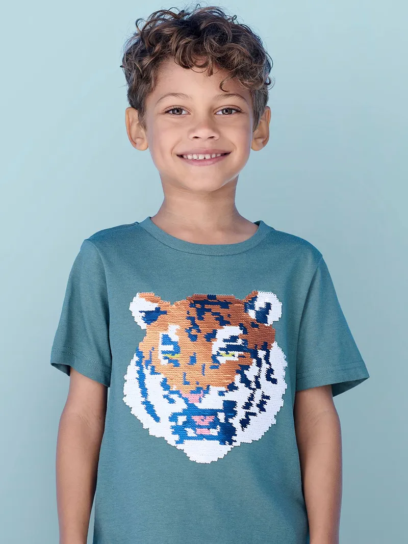 Vertbaudet Jungen T-Shirt mit Wende-Pailletten, Aqua, – Produktbild 1 von 4