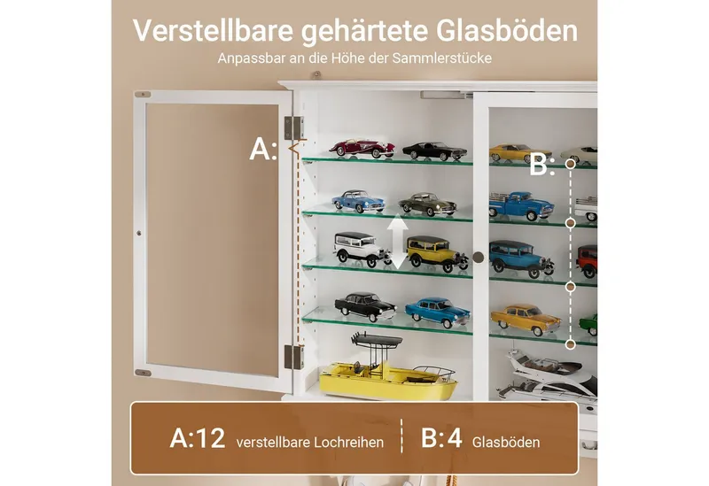 SoBuy Hängevitrine FSB114-E, Wandvitrine mit Sensor-LED-Licht, schmaler Hängeschrank (1er Set) Sammlervitrine mit 2 Glastüren, 4 verstellbaren Glasböden und 4 Haken, Weiß, – Produktbild 3 von 5