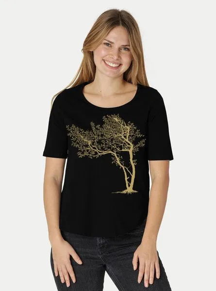 Peaces.bio - handbedruckte Biomode Peaces.bio - handbedruckte Biomode Damen Halbarm-Shirt Fancy Tree, Rot, – Produktbild 3 von 3