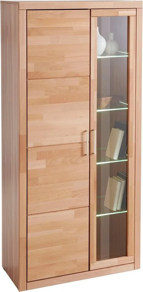 OTTO home Vitrine LOGO B/T/H: 90/42/190cm,10Fächer, 1 Holztür, 1 Glastür, viel Stauraum Fronten aus Massivholz, Korpus aus farblich abgestimmter Melamin, Braun, – Produktbild 6 von 7