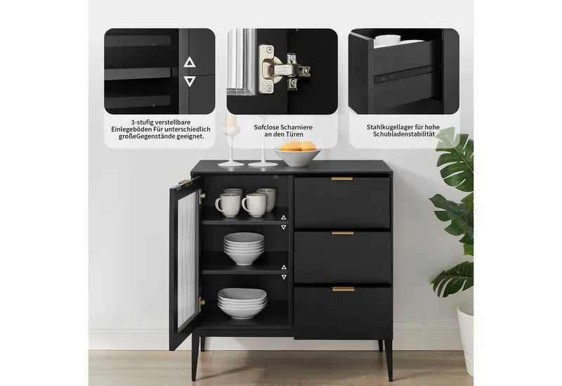 OTTO home Sideboard Lavisha, FSC-zertifiziertes Holz kombiniert Melamin, verchromten Metallgriffen, Schwarz, – Produktbild 5 von 8