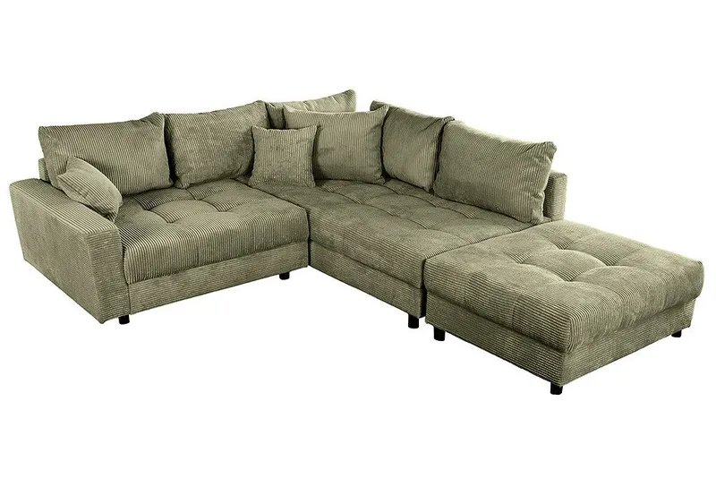 riess-ambiente Ecksofa KENT 220cm grün - Cord, L-Form, Federkern, m. Kissen, FSC-zertifiziert, Einzelartikel 1 Teile, Moderne Wohnlandschaft inkl. Hocker - ideal für Wohnzimmer u. Familien, Grün, – Produktbild 2 von 5