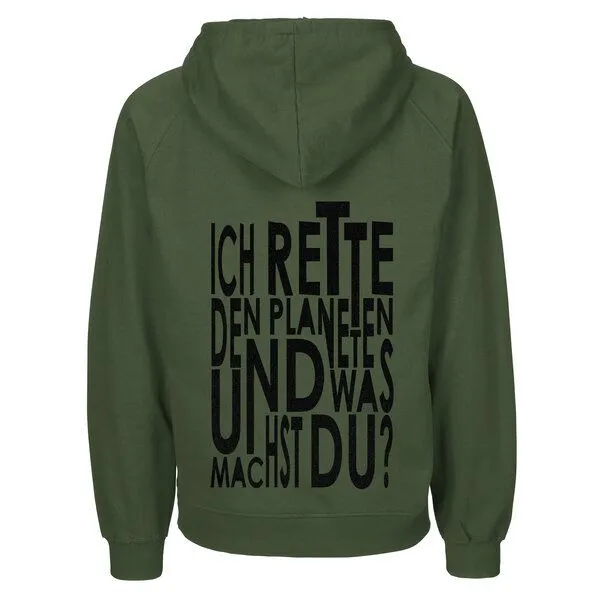 HANDGEDRUCKT HANDGEDRUCKT "Weltretten" Männer Hoody aus reiner Biobaumwolle (kbA), Military, – Produktbild 1 von 3