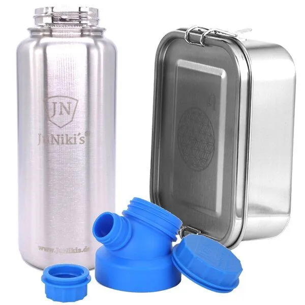 JN JuNiki's JN JuNiki's Set "Blume des Lebens": Lunchbox + 1 Liter isolierte Edelstahltrinkflasche, Blau, – Produktbild 1 von 4