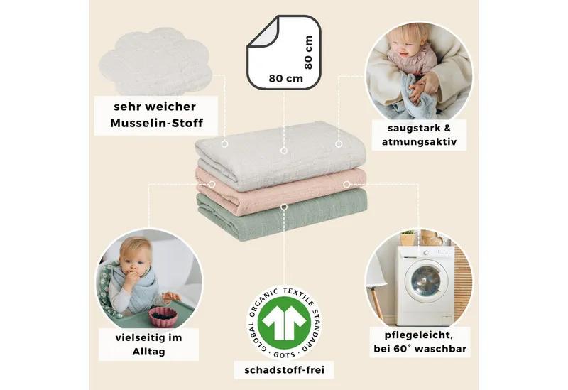furora BABY furora BABY Spucktuch Baby Mulltücher Sets (Bio-Musselin: super soft) 80x80cm oder 25x25cm, Sehr weich, Beige|grün, – Produktbild 2 von 5