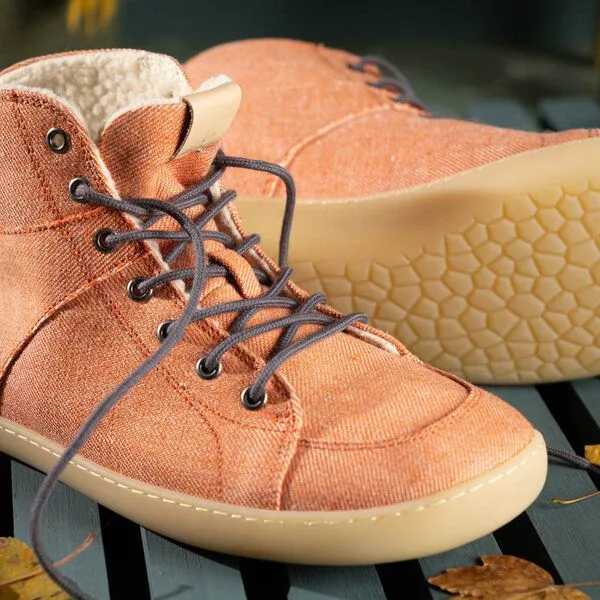 nahtur-design nahtur-design Knöchelhohe Barfuß-Sneaker | Bioleinen & Wolle | Barfußschuhe, Orange /bioleinen + wollplüsch, – Produktbild 3 von 4
