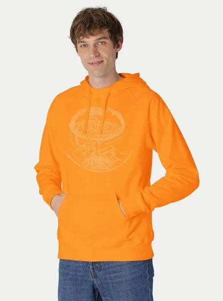Peaces.bio - handbedruckte Biomode Peaces.bio - handbedruckte Biomode Bio-Herren-Kapuzensweater "Weltenesche", Hellorange, – Produktbild 1 von 2