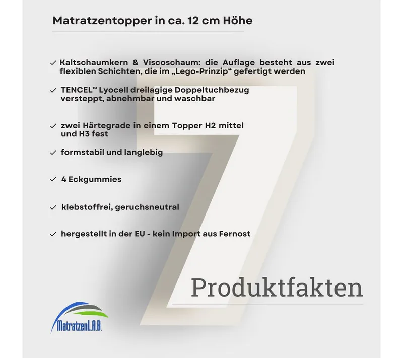 MatratzenL.A.B®, Topper TENCEL™ Lyocell Premium Bezug H2 mittel & H3 fest, 10 cm hoch, Viscoschaum und Kaltschaum, (klebstofffrei), Matratzentopper ideal für Ihre Boxspringbett, Gesamthöhe: 12 cm – Produktbild 3 von 5
