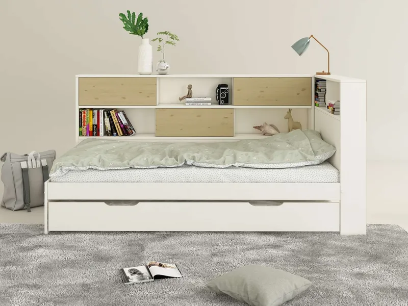 OTTO home Stauraumbett Amance, Kopfteil beidseitig montierbar, stabil und langlebig, Stauraum (Außenmaße B/T/H: 110,2/220,1/106,9 cm), FSC® zertifiziert, inklusive Lattenrost, Made in EU,Massivholz + MDF, Weiß, – Produktbild 1 von 5
