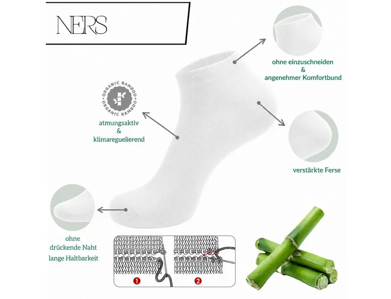 NERS Kurzsocken aus Bambus Damen & Herren, ohne drückende Naht & einschneidendes Gummi (Spar-Set, 10-Paar) Bambussocken, Atmungsaktiv, gegen Schweißfüße, in Geschnekbox, Weiß, – Produktbild 2 von 3