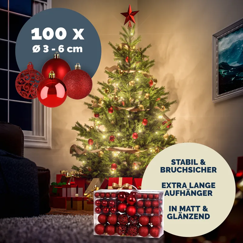 Casaria® Künstlicher Weihnachtsbaum Premium 180cm + Kugeln Rot + Lichterkette warmweiß – Produktbild 2 von 2
