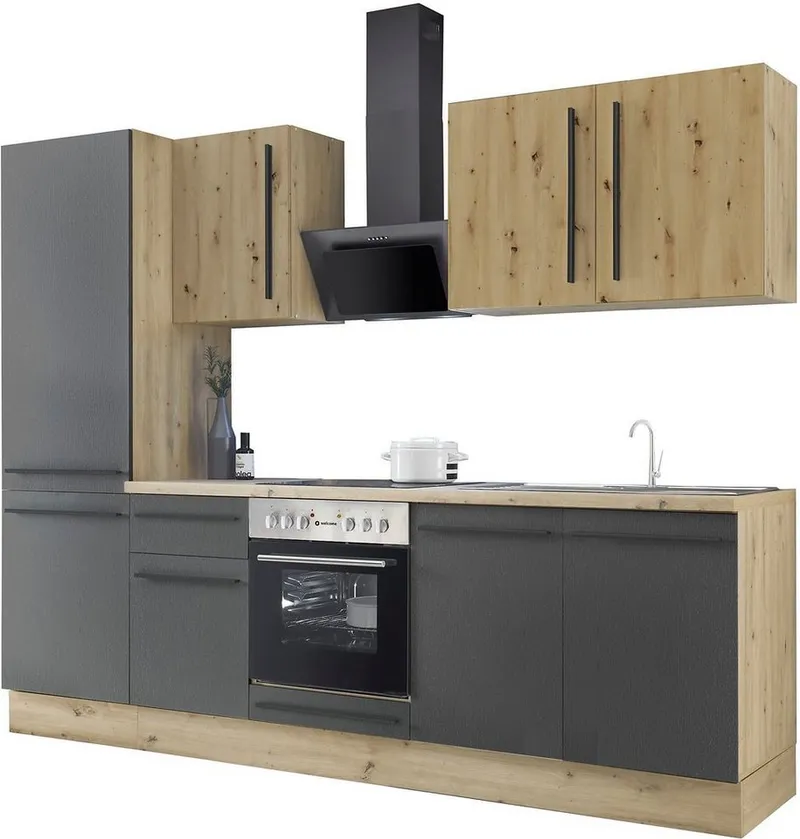 KOCHSTATION Küchenzeile KS-Florida mit 38mm starker Arbeitsplatte, Breite 270 cm, wahlweise mit E-Geräten, Soft-Close-Funktion, Schwarz, – Produktbild 2 von 5