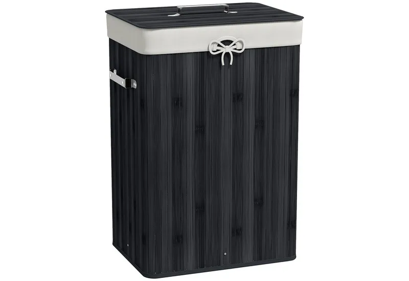 HOMCOM HOMCOM Wäschekorb schmal Wäschesammler mit Griff, für Schlafzimmer & Bad, Schwarz (Set, 1 St., Wäschekorb mit Wäschesack), 72L, Bambus, herausnehmbarer Wäschesack, Deckel, Schwarz, – Produktbild 2 von 5