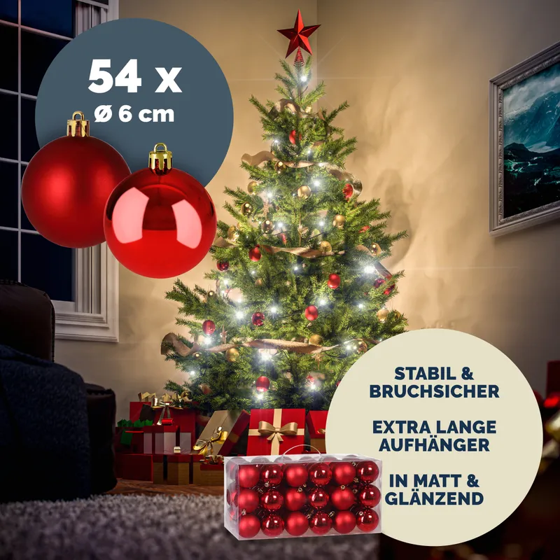 Casaria® Künstlicher Weihnachtsbaum Premium 150cm + Kugeln Rot + Lichterkette kaltweiß – Produktbild 2 von 2