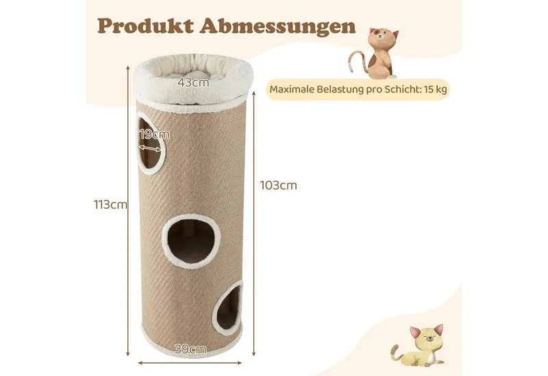 COSTWAY COSTWAY Kratzbaum Katzentonne mit 3 Höhlen, 4 Ebenen Katzentonne, 113 cm hoch, Braun, – Produktbild 5 von 5