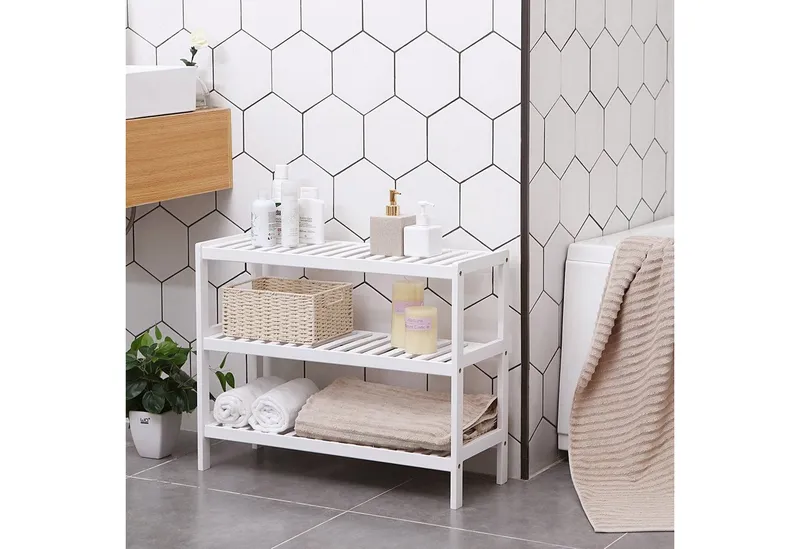 SONGMICS SONGMICS Schuhregal Schuhablage, Schuh-Organizer, für Wohnzimmer, Schlafzimmer, Badezimmer, Bambus, 3 Ebenen, Regal für Schuhe, Pflanzen, Bücher, 26 x 70 x 55 cm, Weiß, – Produktbild 2 von 5