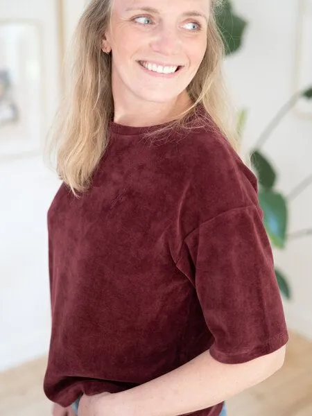 FUXBAU FUXBAU Frauen Cropped Samt T-Shirt, Bordeaux, – Produktbild 2 von 4