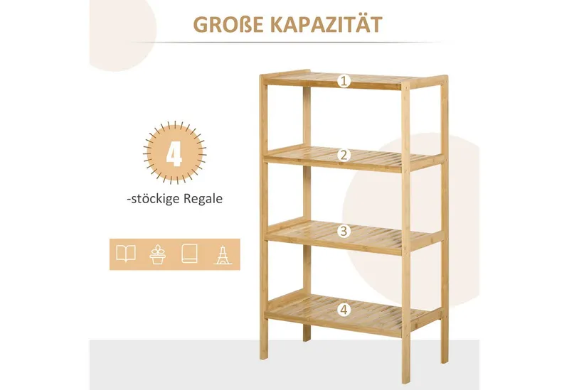 HOMCOM HOMCOM Standregal Badregal mit 4 Ebenen, Bambusregal, Küchenregal, für Bad Küche Wohnzimmer Schlafzimmer 1-tlg., Bambus Natur 62 x 33 x 112 cm, Beige, – Produktbild 3 von 4