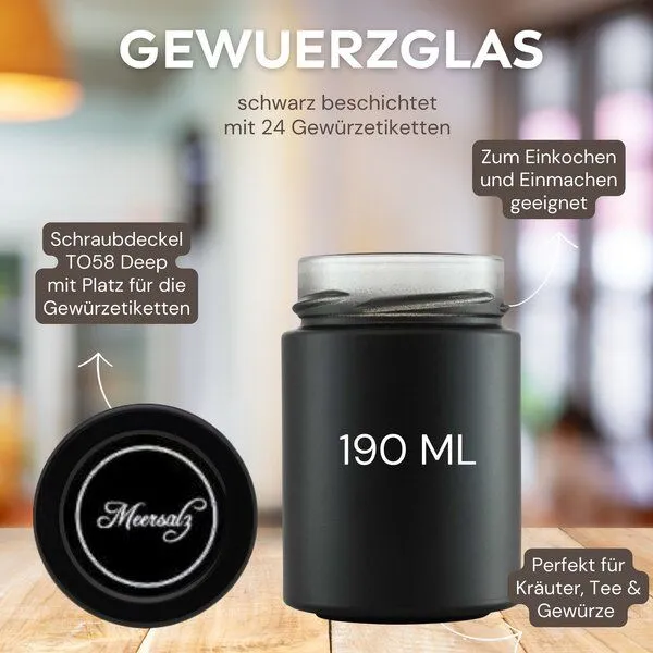 mikken mikken 12 Gewürzgläser 190 ml schwarz mit Deckel und 24 Gewürzetiketten – Produktbild 3 von 6