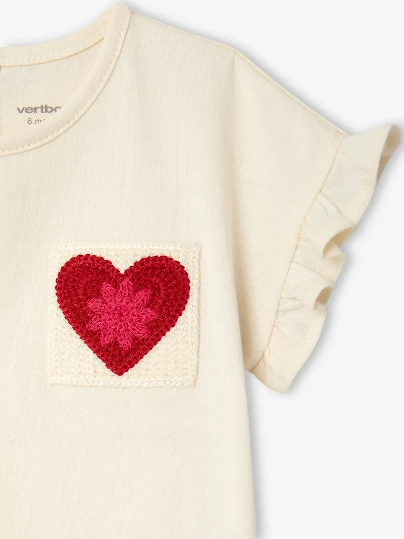 Vertbaudet Baby T-Shirt mit Häkel-Herz und Rüschenärmeln, Wollweiß, – Produktbild 3 von 4