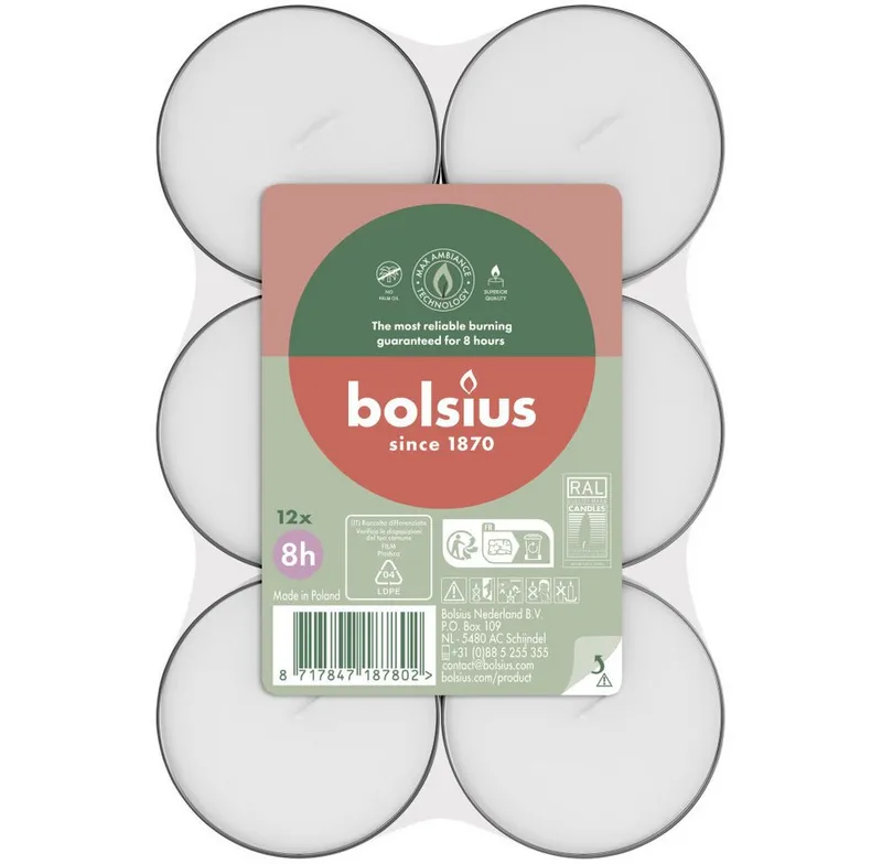 Bolsius Teelicht Bolsius Maxi-Teelichter weiß 8h 12er Pack, Weiß, – Produktbild 2 von 2