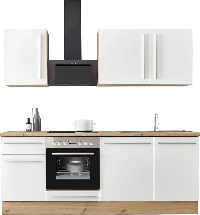 KOCHSTATION Küchenzeile Florida mit 38mm starker Arbeitsplatte, Breite 220 cm, wahlweise mit E-Geräten, Soft-Close-Funktion, Weiß, – Produktbild 2 von 5