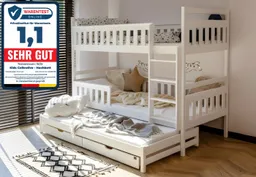 Kids Collective Hochbett 90x200 mit Ausziehbettfunktion Etagenbett Kinderbett zwei Schubladen Kinder 2 Lattenrost Rausfallschutz mit 3 Matratzen in weiß – Produktbild 1 von 1
