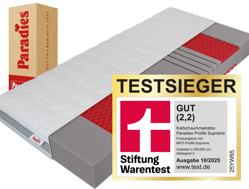 Paradies Kaltschaummatratze Neuheit: Paradies Prolife Supreme, Testsieger Stiftung Warentest, Paradies, 22 cm hoch, Note GUT (2,2), getestet in 90x200 cm, Härtegrad 3, Weiß, – Produktbild 6 von 8