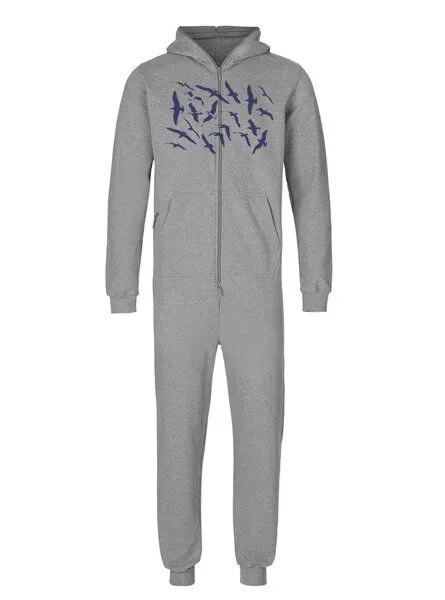 Peaces.bio - handbedruckte Biomode Peaces.bio - handbedruckte Biomode Jumpsuit Möwen Herren, Hellgrau, – Produktbild 1 von 2