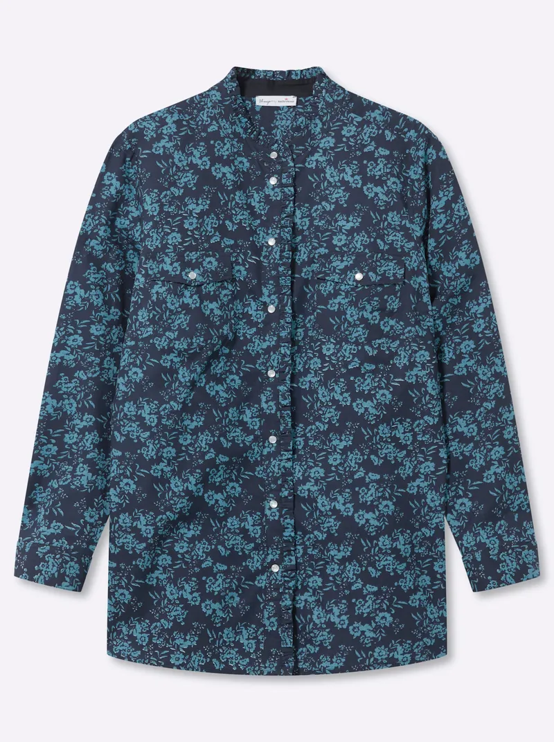 sheego by Joe Browns Druckbluse, Dunkelblau-aquamarin-gemustert, – Produktbild 1 von 2