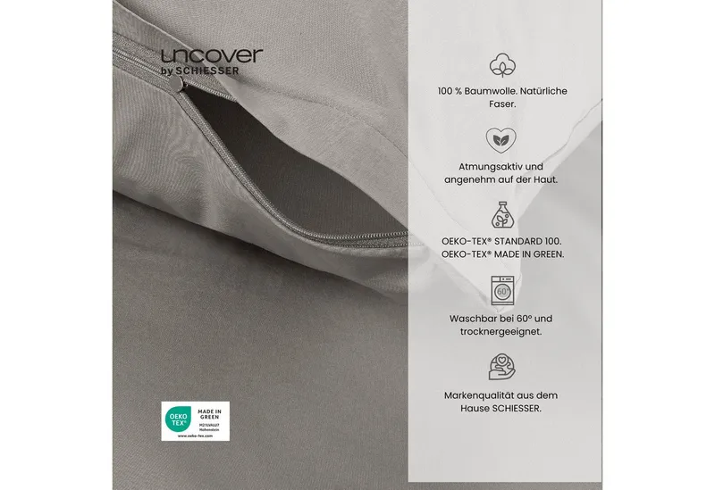 uncover by SCHIESSER Bettwäsche Soho aus weicher Baumwolle in gedeckten Uni-Farben, Renforcé, 2 teilig, OEKO-TEX® MADE IN GREEN, Grau, – Produktbild 2 von 5