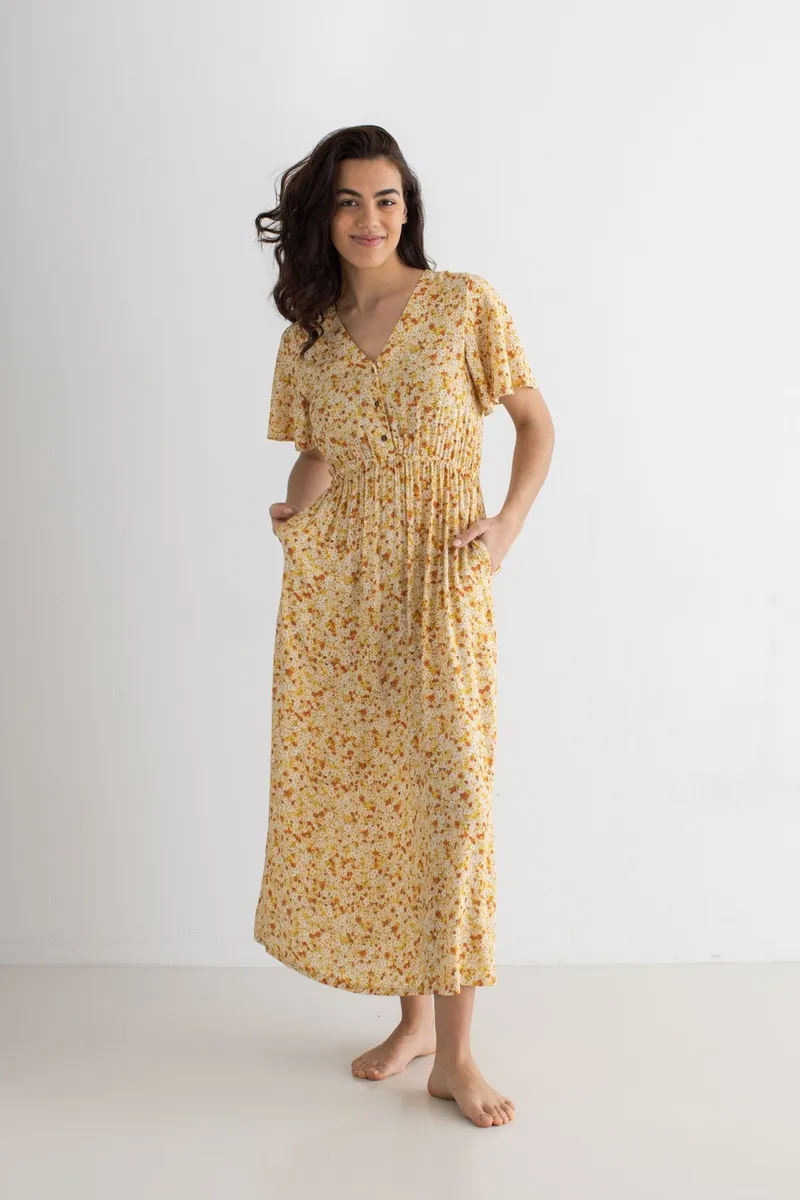 TWOTHIRDS TWOTHIRDS Damen vegan Kleid Balandra Golden Flowers Gelb, Gelb, – Produktbild 1 von 2