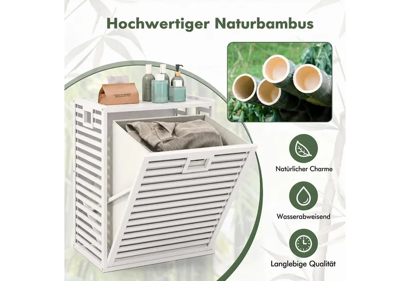 COSTWAY COSTWAY Wäscheschrank Wäschekorb 68 L mit kippbarem Fach & abnehmbarem Wäschesammler aus Bambus, 50 x 35 x 64 cm, Weiß, – Produktbild 3 von 5