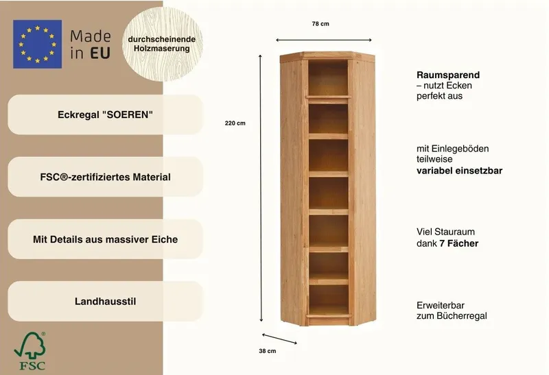 OTTO home Eckregal Soeren mit Eiche-Elementen, Regal Höhe 220 cm, FSC®-zertifiziert, passend für Regale Soeren mit einer Tiefe von 29 cm, Braun, – Produktbild 3 von 5