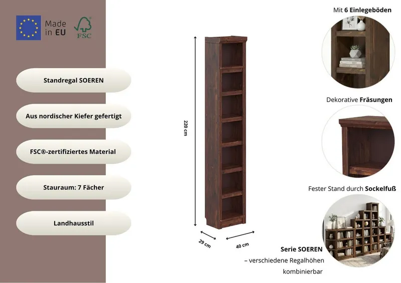 OTTO home Bücherregal Soeren Regal B/T/H: 40/29/220 cm, Kiefer FSC®-zertifiziert, 7 Fächer und 6 Einlegeböden, Braun, – Produktbild 3 von 3