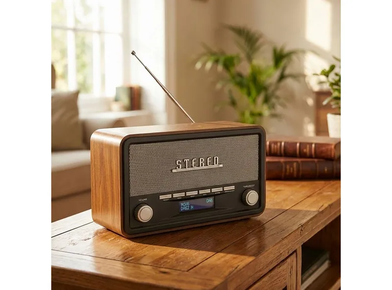 Denver Denver Vintage DAB+ UKW Radio Holz Bluetooth 5.0 Stereo Wecker Digitalradio Retro-Radio (DAB+, UKW (FM) mit RDS (Radio Data System), 4 W, Bluetooth 5.0, AUX-In (3,5 mm Klinke) od. kabelgebunden), Braun|schwarz, – Produktbild 1 von 5
