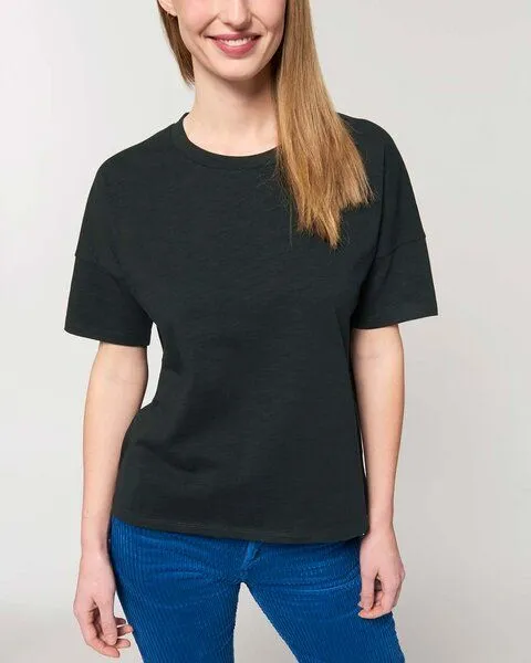 YTWOO YTWOO Kurzes Damen T-Shirt aus schwerer Bio Baumwolle mit Slub-Optik, Schwarz, – Produktbild 1 von 4