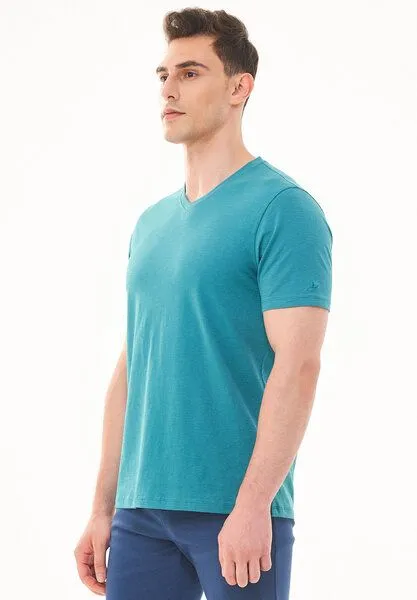 ORGANICATION ORGANICATION Basic T-Shirt aus Bio-Baumwolle mit V-Ausschnitt, Petrol green, – Produktbild 3 von 4