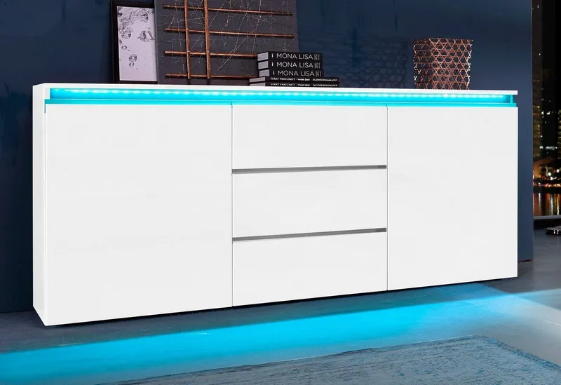 Home affaire Sideboard Magic, Kommode, Schrank, Stauraumschrank, mit 2 Türen und 3 Schubkästen Hochglanz lackiert (B/T/H) 180x40x81 cm, Weiß, – Produktbild 1 von 5