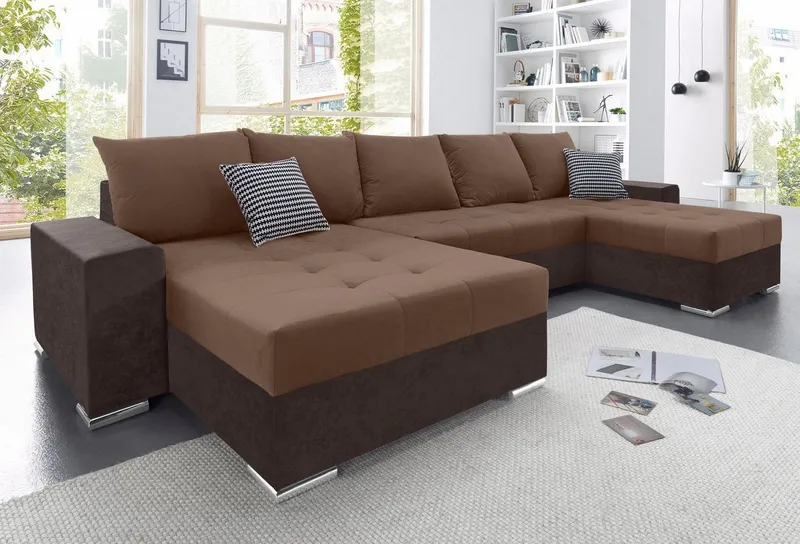 COLLECTION AB Wohnlandschaft Josy XXL U-Form, B: 333 cm, mit 2 Recamieren 77 & 97 cm, Schlaffunktion, Bettkasten & 2 Zierkissen, Federkern, Braun, – Produktbild 2 von 5