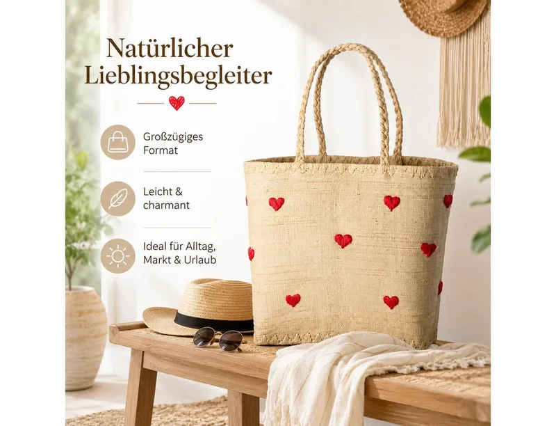 RICE RICE Basttasche Rice Raffia Tasche mit Herz Design, handgefertigt, Natur/Rot (1-tlg., Raffia Tasche), Beige|goldfarben, – Produktbild 2 von 5