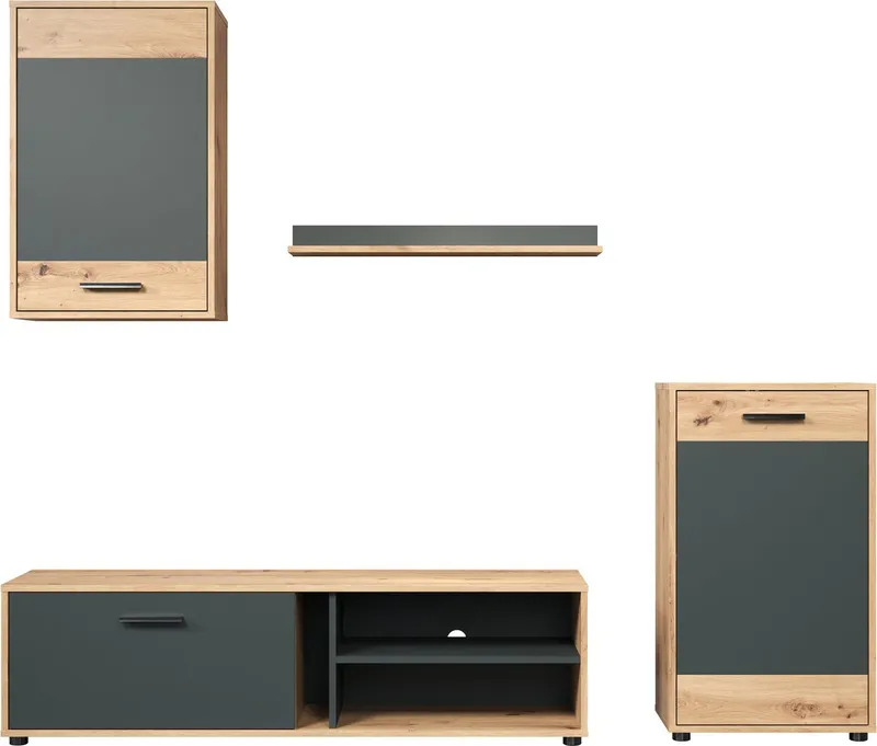 OTTO home Wohnwand Valetta inkl. TV-Kommode, Hänge-Vitrine, Sideboard und Wandregal, (Komplett-Set, 4-St., 4), inkl. Lowboard, Hängeschrank, Wandboard und Highboard, Braun, – Produktbild 3 von 5