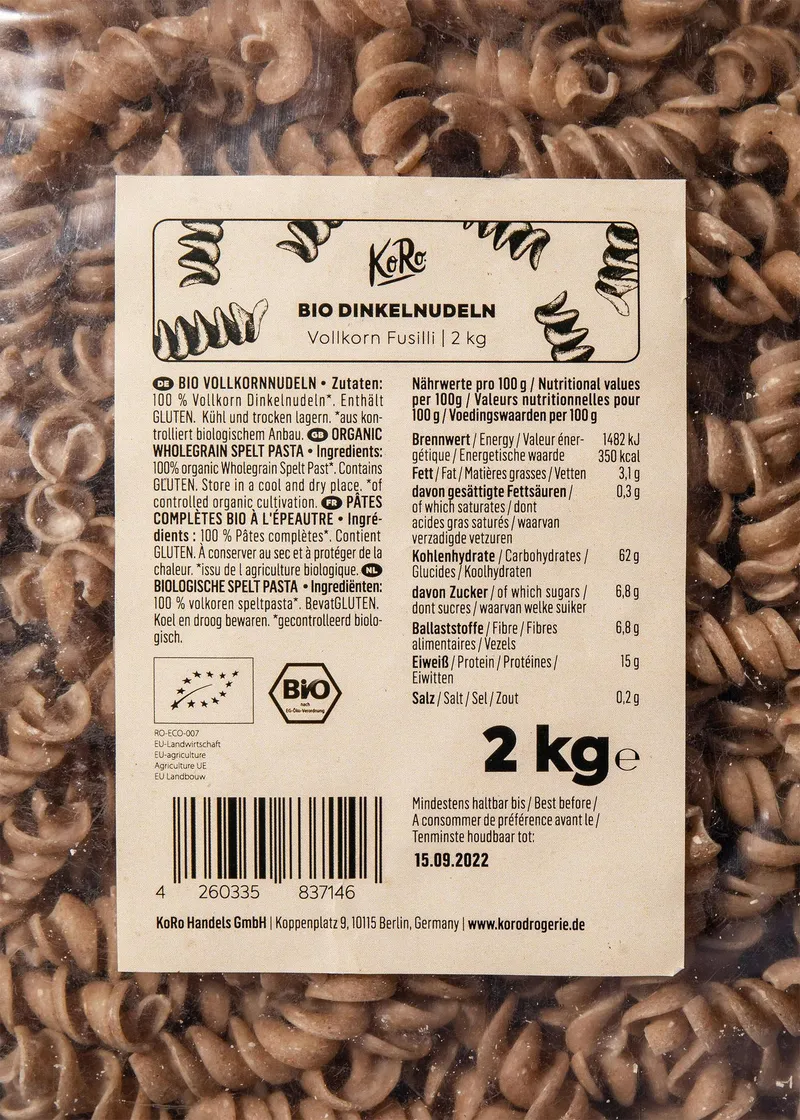 KoRo Bio Vollkorn Dinkelnudeln 2 kg – Produktbild 3 von 5