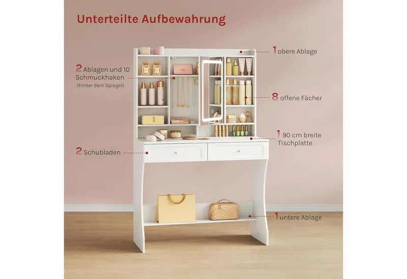 Woltu Schminktisch (1-St), mit Spiegel und Beleuchtung, mit offenen Ablagen, Weiß, – Produktbild 5 von 5