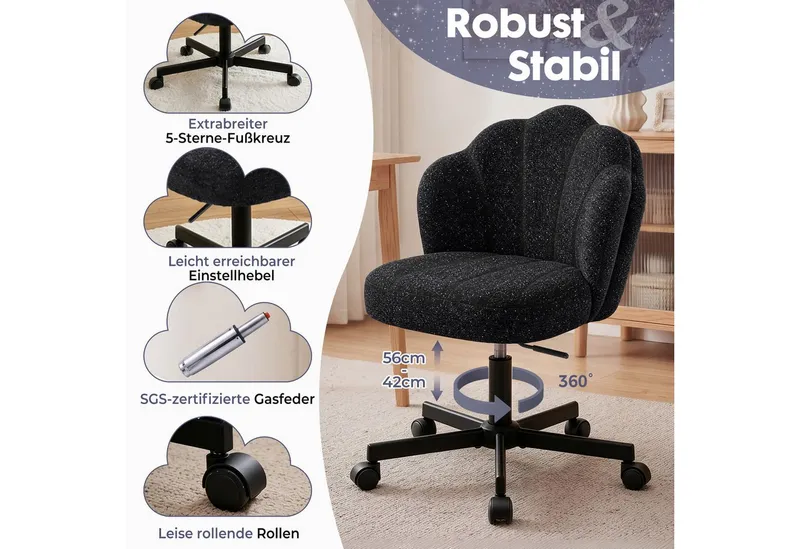 COMHOMA Bürostuhl Schminkstuhl Homeoffice Stuhl, Schreibtischstuhl Drehstuhl mit Rrollen, höhenverstellbar,für Schminktisch,Arbeitszimmer, Schwarz, – Produktbild 2 von 8