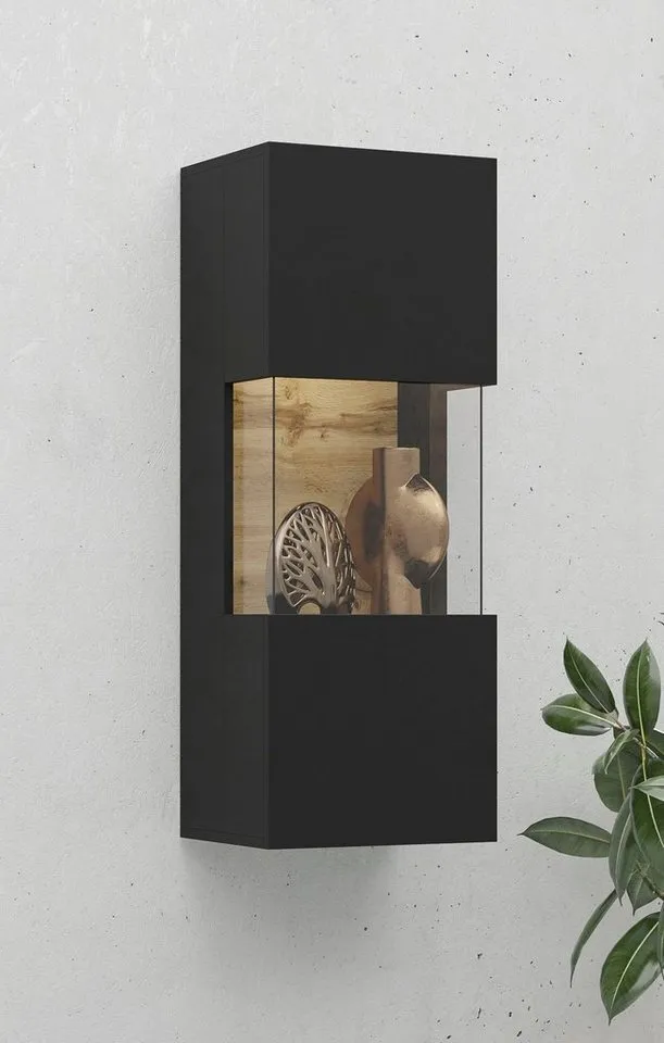 Home affaire Hängevitrine Ava, Breite 36 cm, hängend montierbar moderne grifflose Vitrine, Eckverglasung, Schwarz, – Produktbild 2 von 5