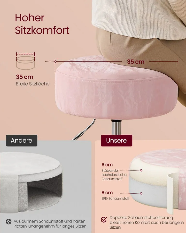 VASAGLE Barhocker Schminkhocker Schminkstuhl höhenverstellbar, 1/2er Set (1 St), für Schlafzimmer, Küche, 360° drehbar, dicke Polsterung, Rosa, – Produktbild 5 von 5