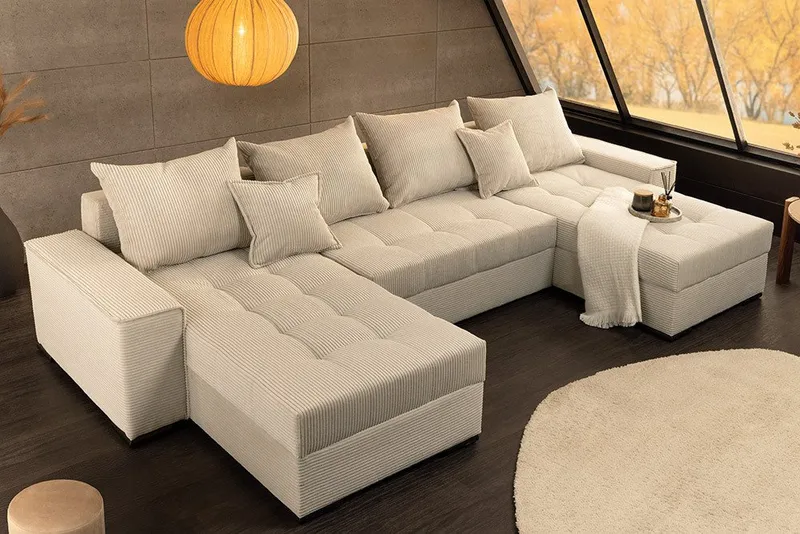 riess-ambiente Wohnlandschaft LODGE 315 cm champagner – Cord, Schlaffunktion, FSC-zertifiziert, Set 1 Teile, XXL-Sofa in U-Form mit Bettkasten & Federkern – ideal fürs Wohnzimmer, Beige, – Produktbild 3 von 5